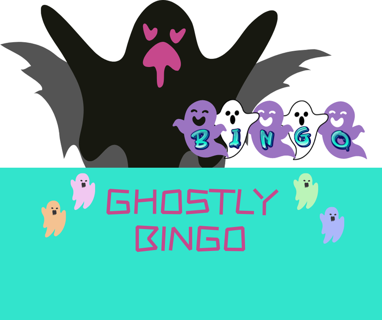 A cartoony image of a black ghost with a purple face scaring five small purple and white ghosts.  The small ghosts have the letters B I N G O on their fronts.  Below the ghosts is a teal rectangle with the words "Ghostly Bingo" written on it in purple block letters.  Four small cartoon ghosts in various pastel colors are on either side of the text.