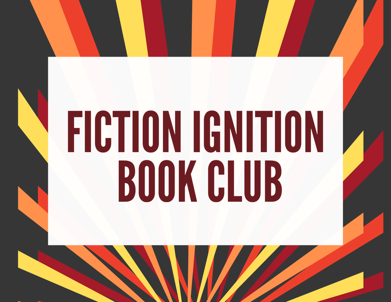 Red, all-caps lettering against a white background reads "Fiction Ignition Book Club."  Diagonal stripes of muted fall colors radiate up and outward from the bottom center of the image, passing behind the white rectangle and forming a border.