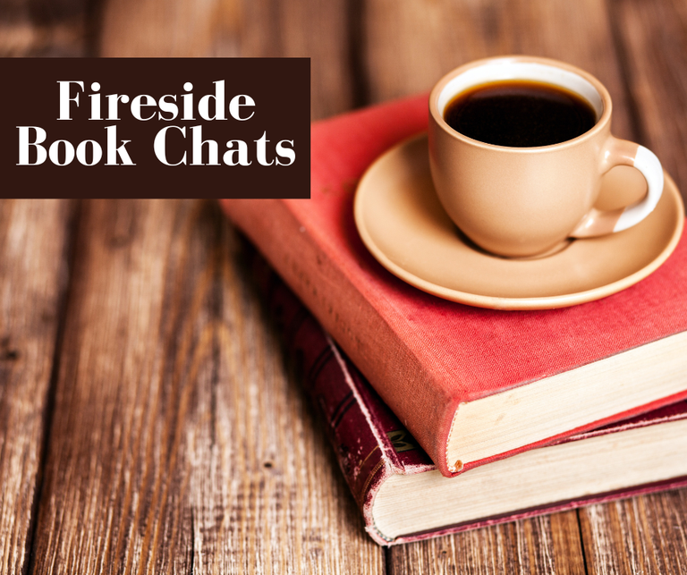 A soft-focus close-up of a coffee cup filled with black coffee sitting in a saucer perched atop two cloth-bound books with faded red covers.  The books are angled to obscure the titles and are resting on a surface of weathered wood.  In the top-left corner of the image is a warm brown rectangle with white lettering inside that reads "Fireside Book Chats."