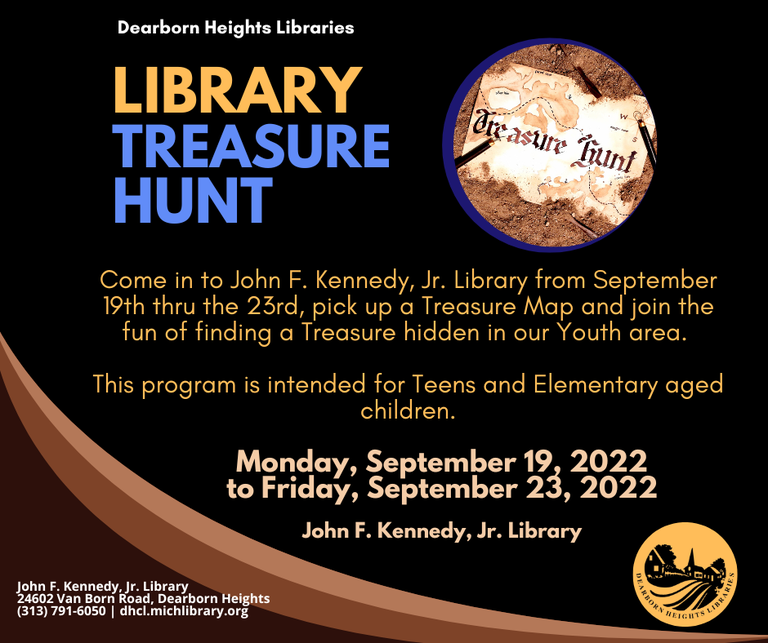 A program flyer for the Library Treasure Hunt