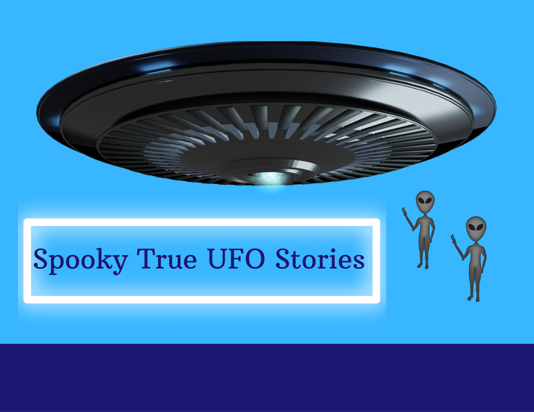 A silvery grey flying saucer hovers over a pale blue background.  Two small, cartoonish renditions of classic gray aliens with large heads and flat black eyes stand beneath the UFO.  The words "Spooky True UFO Stories" are printed in blue text surrounded by a glowing white rectangle.  A dark blue line runs horizontally across the bottom tenth of the image.